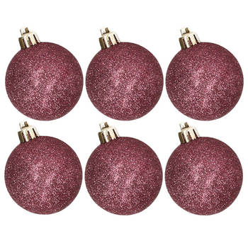 6x stuks kunststof glitter kerstballen aubergine roze 8 cm - Kerstbal