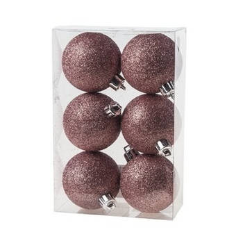 6x Kunststof kerstballen glitter roze 6 cm kerstboom versiering - Kerstbal