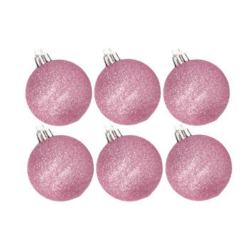 6x stuks kunststof glitter kerstballen roze 6 cm - Kerstbal