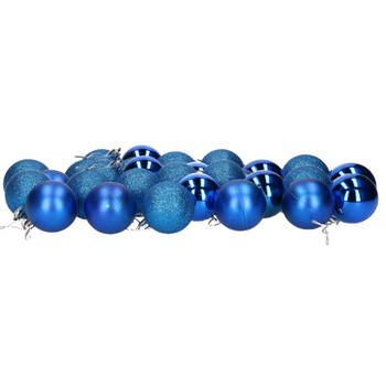 32x stuks kerstballen blauw mix van mat/glans/glitter kunststof 5 cm - Kerstbal