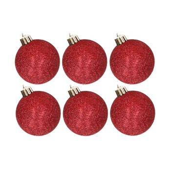 6x stuks kunststof glitter kerstballen rood 6 cm - Kerstbal