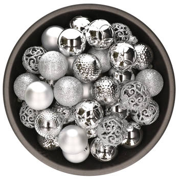 37x stuks kunststof kerstballen zilver mix 6 cm - Kerstbal
