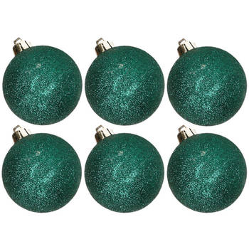 6x stuks kunststof glitter kerstballen petrol groen 8 cm - Kerstbal
