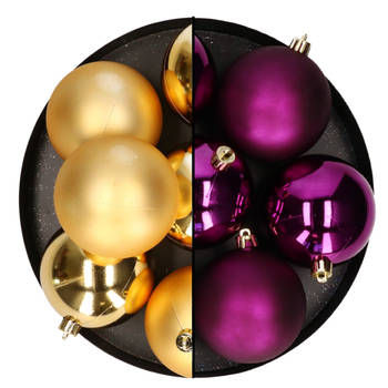Decoris kerstballen - 12x st - 8 cm - goud en paars - kunststof - Kerstbal