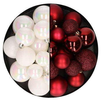 Kerstballen 60x stuks - mix donkerrood/parelmoer wit - 4-5-6 cm - kunststof - Kerstbal