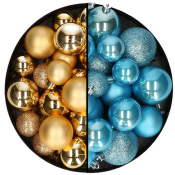 Kerstballen 60x stuks - mix goud/ijsblauw - 4-5-6 cm - kunststof - Kerstbal