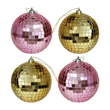 Kerstballen disco - 4x st - goud en roze - 10 cm - kunststof - Kerstbal