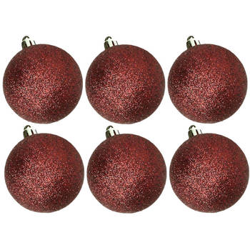 6x stuks kunststof glitter kerstballen donkerrood 8 cm - Kerstbal