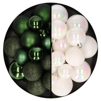 Decoris kerstballen 60x - mix donkergroen/parelmoer wit - 4-5-6 cm - kunststof - Kerstbal