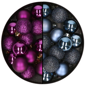 Kleine kerstballen - 28x st - donkerblauw en paars - 3 cm - kunststof - Kerstbal