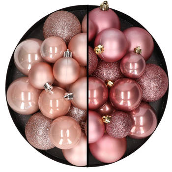 Kerstballen 60x stuks - mix lichtroze/oudroze - 4-5-6 cm - kunststof - Kerstbal