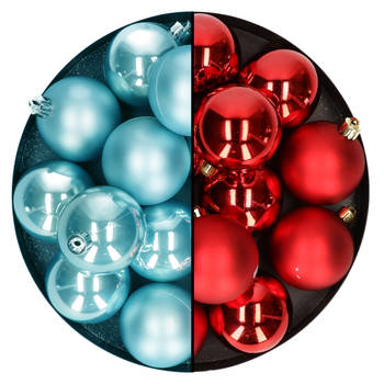 Kerstballen 24x stuks - mix kerst rood en ijsblauw - 6 cm - kunststof - Kerstbal