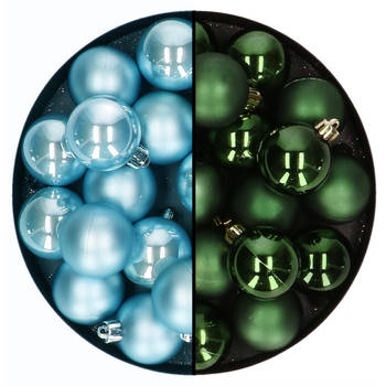 Kleine kerstballen 32x stuks - mix donkergroen en ijsblauw - 4 cm - kunststof - Kerstbal