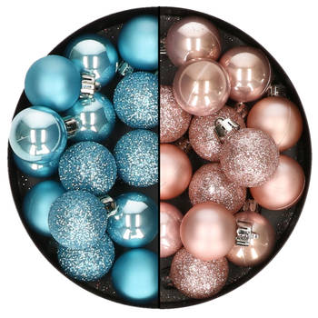 Kleine kerstballen - 28x st - lichtroze en ijsblauw - 3 cm - kunststof - Kerstbal