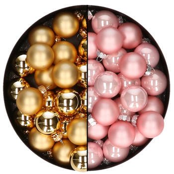 Mini kerstballen - 48x st - goud en lichtroze - 2,5 cm - glas - Kerstbal