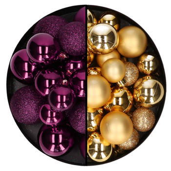 Decoris kerstballen 60x - mix goud/paars - 4-5-6 cm - kunststof - Kerstbal
