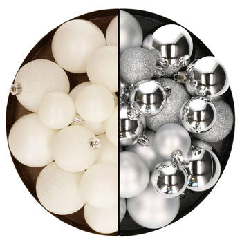 Kerstballen 60x stuks - mix wol wit/zilver - 4-5-6 cm - kunststof - Kerstbal