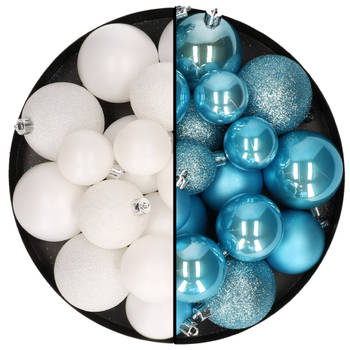 Kerstballen 60x stuks - mix wit/ijsblauw - 4-5-6 cm - kunststof - Kerstbal