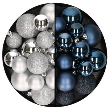 Kerstballen 60x stuks - mix zilver/donkerblauw - 4-5-6 cm - kunststof - Kerstbal