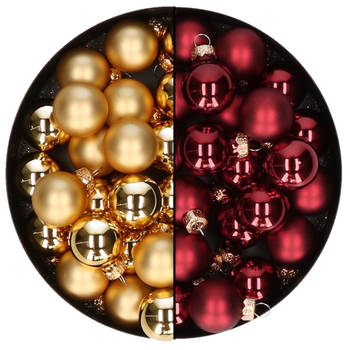 Mini kerstballen - 48x st - donkerrood en goud - 2,5 cm - glas - Kerstbal