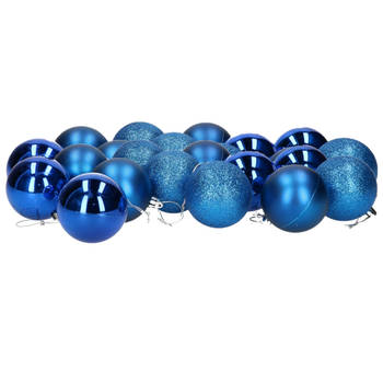 24x stuks kerstballen blauw mix van mat/glans/glitter kunststof 6 cm - Kerstbal