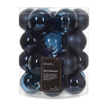 Decoris kerstballen - 50x stuks - 6 cm - kunststof -donkerblauw - Kerstbal