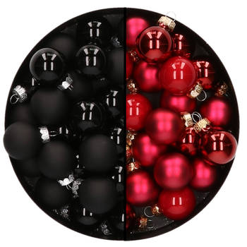 Mini kerstballen - 48x st - rood en zwart - 2,5 cm - glas - Kerstbal