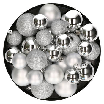 Kerstballen - 30x - zilver - 4, 5, 6 cm - kunststof - mat-glans-glitter - Kerstbal