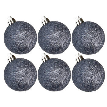 6x stuks kunststof glitter kerstballen donkerblauw 8 cm - Kerstbal