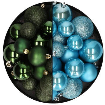 Kerstballen 60x stuks - mix donkergroen/ijsblauw - 4-5-6 cm - kunststof - Kerstbal