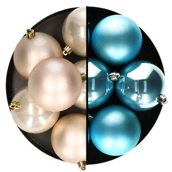 Decoris kerstballen - 12x st - 8 cm - champagne en blauw - kunststof - Kerstbal