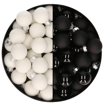 Mini kerstballen - 48x st - zwart en satijn wit - 2,5 cm - glas - Kerstbal
