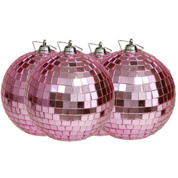 Othmar Decorations disco kerstballen - 4x - roze - 10 cm - kunststof - Kerstbal