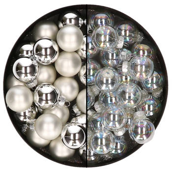 Mini kerstballen - 48x- zilver en transparant parelmoer -2,5 cm - glas - Kerstbal