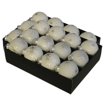 24x Luxe glazen sneeuwvlokken/sterren kerstballen wit 7,5 cm - Kerstbal