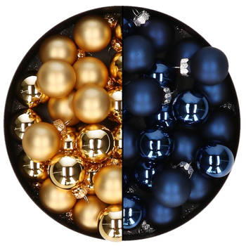 Mini kerstballen - 48x st - donkerblauw en goud - 2,5 cm - glas - Kerstbal