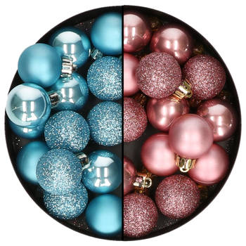 Kleine kerstballen - 28x st - oudroze en ijsblauw - 3 cm - kunststof - Kerstbal