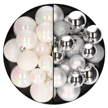 Kerstballen 60x stuks - mix parelmoer wit/zilver - 4-5-6 cm - kunststof - Kerstbal