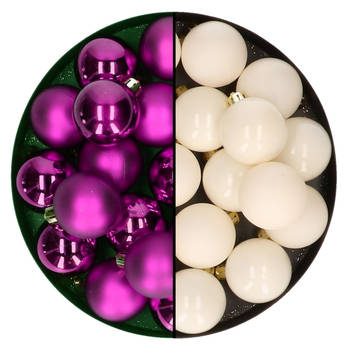 Kleine kerstballen 32x stuks - mix wol wit en paars - 4 cm - kunststof - Kerstbal