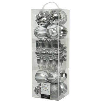 60x stuks kunststof kerstballen en ornamenten zilver mix - Kerstbal