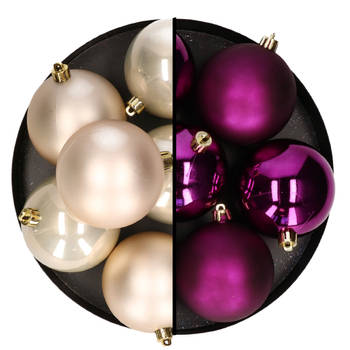 Decoris kerstballen - 12x st - 8 cm - parelmoet en paars - kunststof - Kerstbal