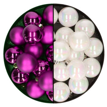 Kleine kerstballen 32x stuks - mix parelmoer wit en paars - 4 cm - kunststof - Kerstbal