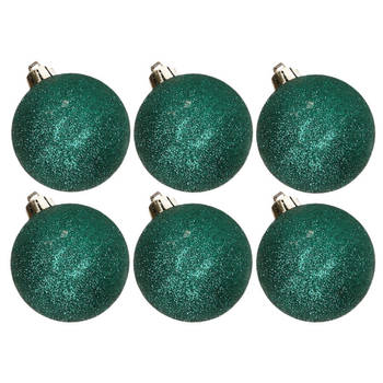 6x stuks kunststof glitter kerstballen donkergroen 6 cm - Kerstbal