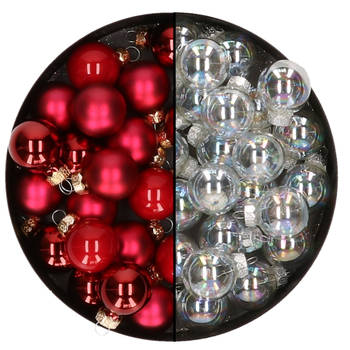 Mini kerstballen - 48x- transparant parelmoer/rood - 2,5 cm - glas - Kerstbal