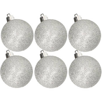 6x stuks kunststof glitter kerstballen zilver 8 cm - Kerstbal