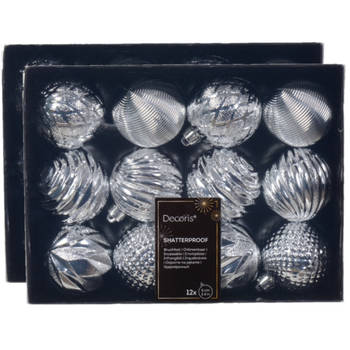 Decoris luxe kerstballen 24x - 6 cm - kunststof -zilver - Kerstbal
