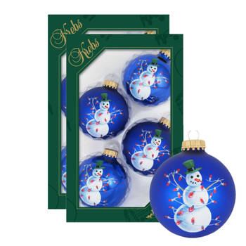8x stuks luxe glazen kerstballen 7 cm blauw met sneeuwpop - Kerstbal