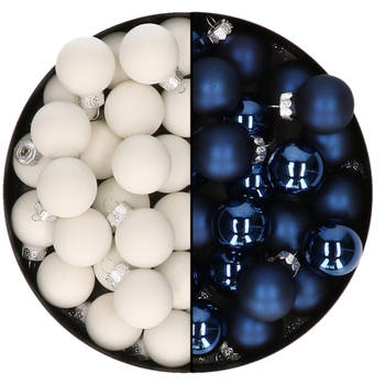 Mini kerstballen - 48x st - donkerblauw en satijn wit - 2,5 cm - glas - Kerstbal