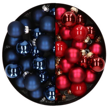Mini kerstballen - 48x st - donkerblauw en rood - 2,5 cm - glas - Kerstbal