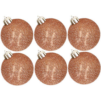 6x stuks kunststof glitter kerstballen koper 8 cm - Kerstbal